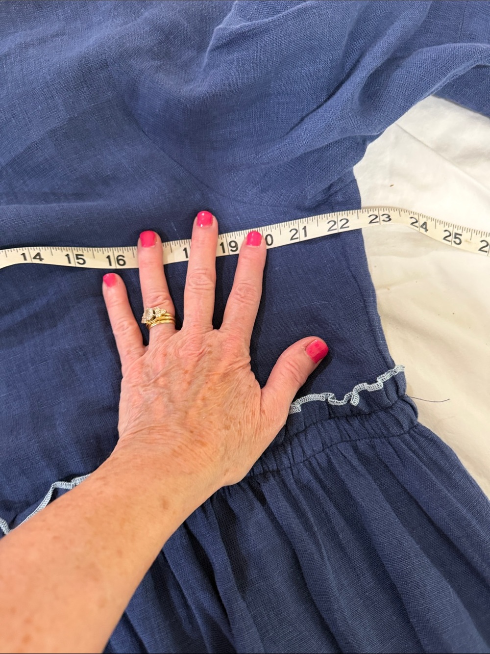 Blue Textured Midi Dress with Gathered Waist - Picture 10 of 10